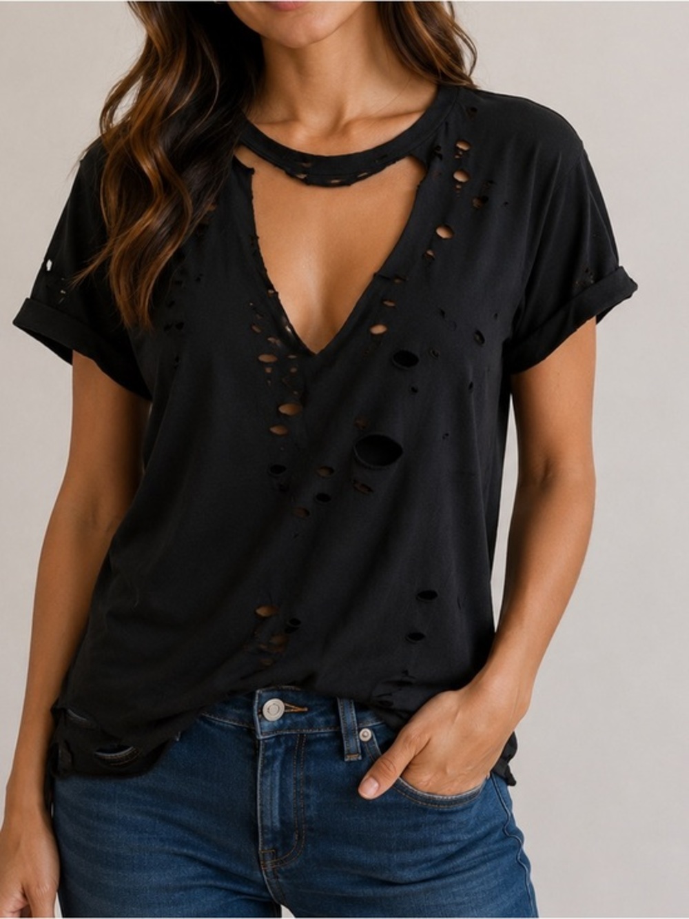 Emma & Sam Black Ripped Distressed Top shirt sz M